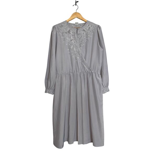 Vintage 80s Purple Silk Long Sleeve Dress Womens Large Retro Modest Cottage Midi - Picture 2 of 8